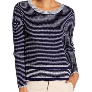 JAMES PERSE Textured Striped Sweater Womens XL Navy Blue White Crew Neck NWT